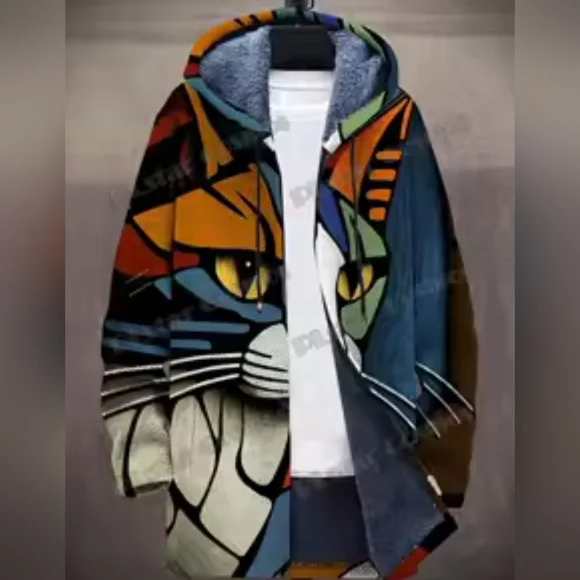 Trendy Abstract Cat Print Hooded Long Sleeve Zip Front Faux Fur Lined Jacket SzL - Picture 3 of 13